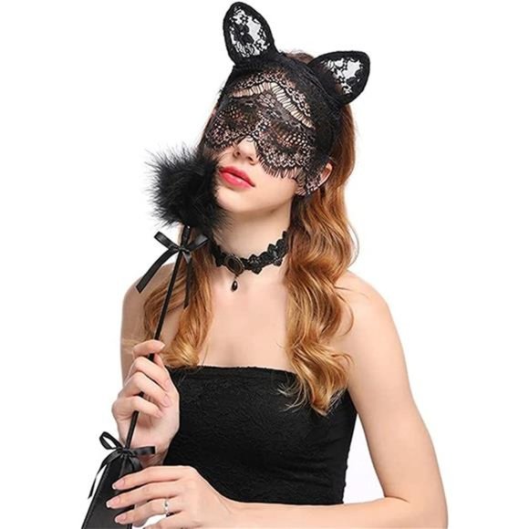 YERTTER Sexy Cat Ear Black Lace Halloween Headband with Veil Mask Headpieces